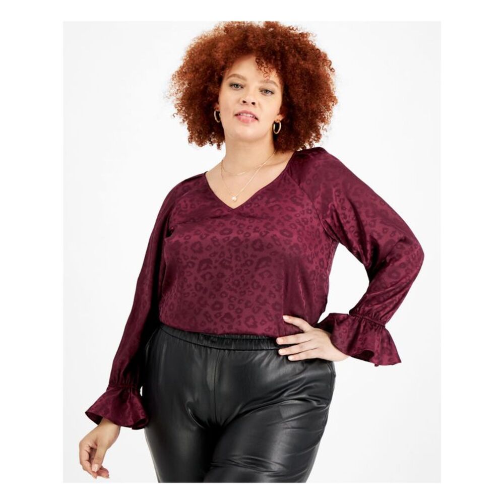 BAR III Womens Purple Stretch Bell Sleeve V Neck Wear To Work Top Plus 2X